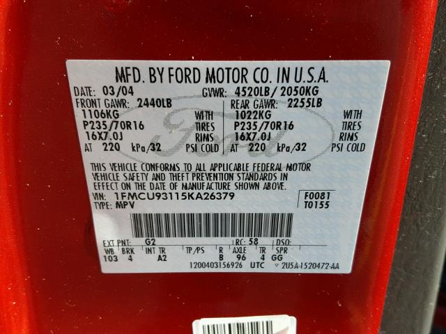 1FMCU93115KA26379 - 2005 FORD ESCAPE XLT RED photo 10