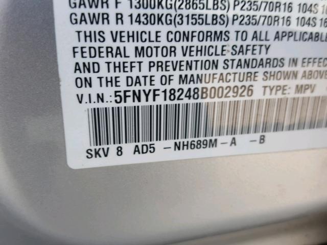 5FNYF18248B002926 - 2008 HONDA PILOT VP SILVER photo 10