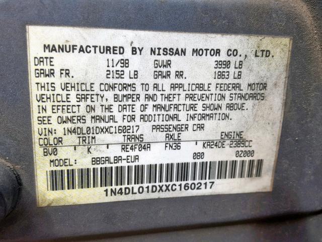 1N4DL01DXXC160217 - 1999 NISSAN ALTIMA XE BLUE photo 10