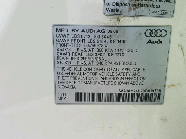 WA1AY74L79D019798 - 2009 AUDI Q7 3.6 QUA WHITE photo 10