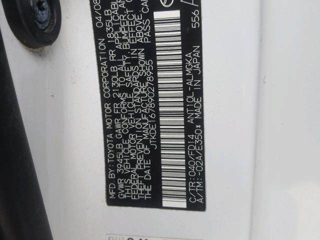 JTKDE167890278955 - 2009 TOYOTA SCION TC თეთრი ფოტო 10