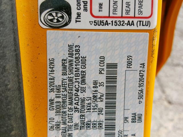 3FADP4CJ1BM108383 - 2011 FORD FIESTA SEL YELLOW photo 10