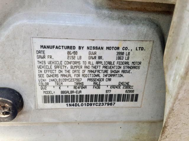 1N4DL01D9YC237967 - 2000 NISSAN ALTIMA XE WHITE photo 10