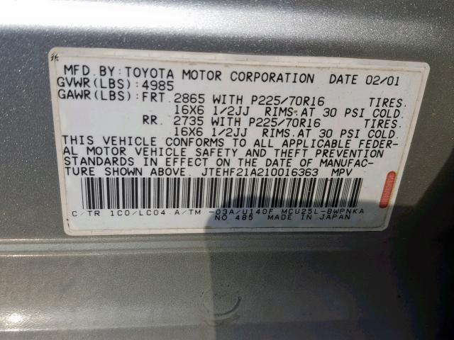 JTEHF21A210016363 - 2001 TOYOTA HIGHLANDER SILVER photo 10