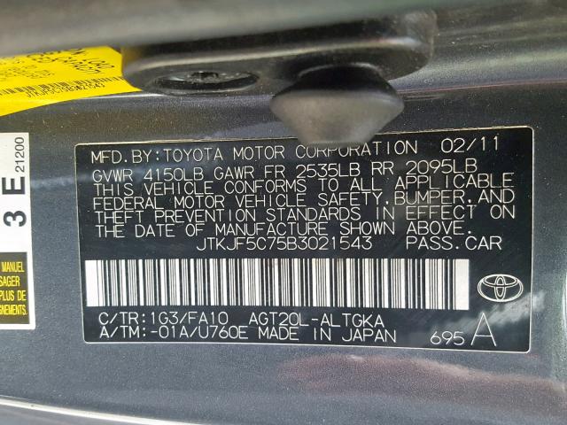 JTKJF5C75B3021543 - 2011 TOYOTA SCION TC ნაცრისფერი ფოტო 10