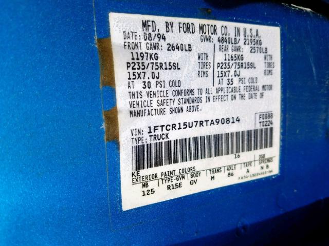 1FTCR15U7RTA90814 - 1994 FORD RANGER SUP BLUE photo 10