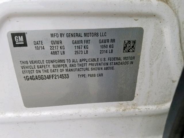 1G4GA5G34FF214533 - 2015 BUICK LACROSSE WHITE photo 10