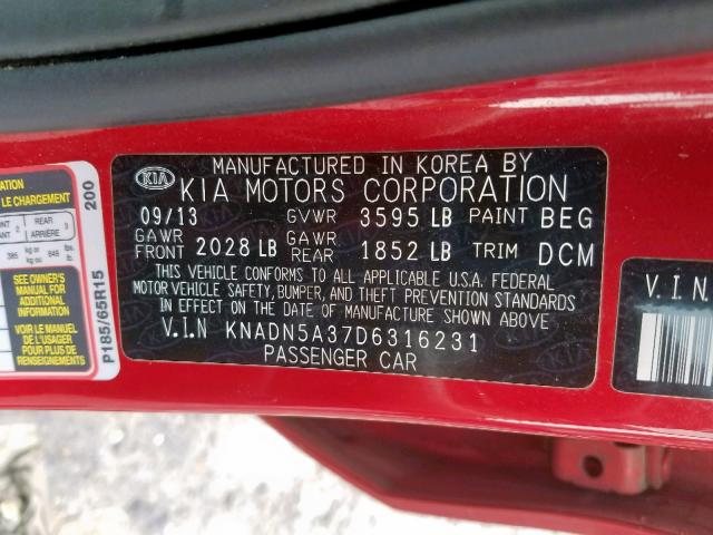 KNADN5A37D6316231 - 2013 KIA RIO EX RED photo 10