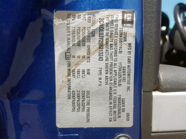 2CNDL037296213243 - 2009 CHEVROLET EQUINOX SP BLUE photo 10