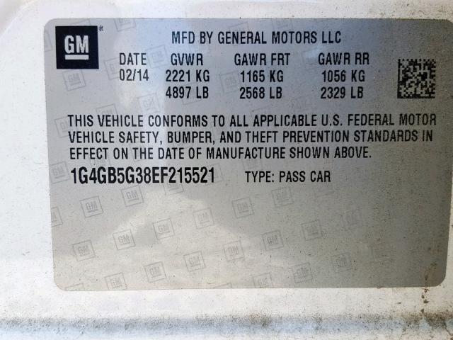 1G4GB5G38EF215521 - 2014 BUICK LACROSSE WHITE photo 10