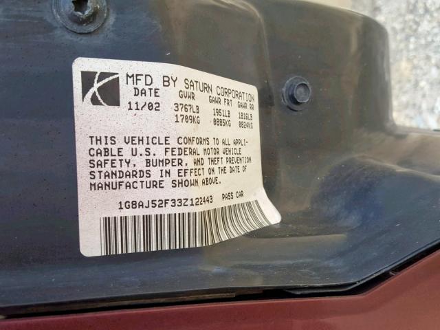 1G8AJ52F33Z122443 - 2003 SATURN ION LEVEL BURGUNDY photo 10