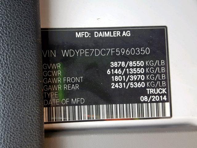 WDYPE7DC7F5960350 - 2015 FREIGHTLINER SPRINTER 2 WHITE photo 10