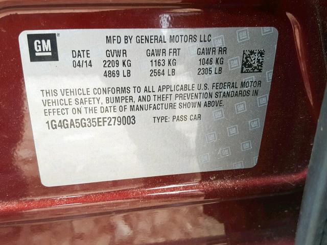 1G4GA5G35EF279003 - 2014 BUICK LACROSSE MAROON photo 10