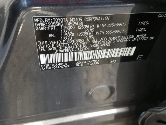 JTMWFREVXJJ742709 - 2018 TOYOTA RAV4 ADVEN GRAY photo 10