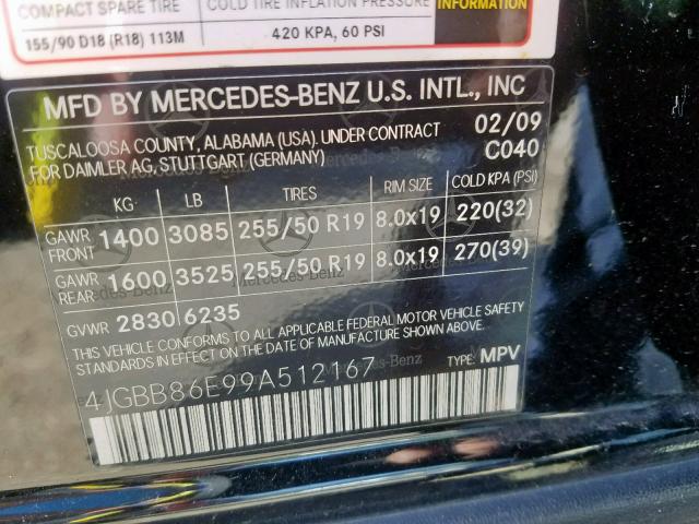 4JGBB86E99A512167 - 2009 MERCEDES-BENZ ML 350 BLACK photo 10