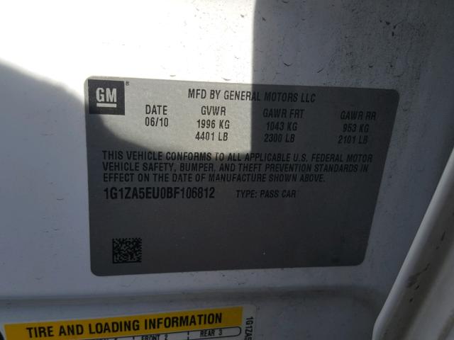 1G1ZA5EU0BF106812 - 2011 CHEVROLET MALIBU LS 白色 照片 10