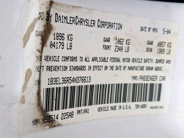 1B3EL36R54N376613 - 2004 DODGE STRATUS SE WHITE photo 10