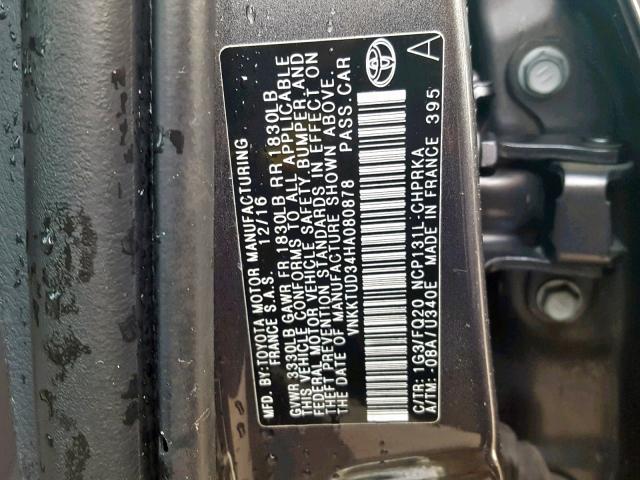 VNKKTUD34HA080878 - 2017 TOYOTA YARIS L GRAY photo 10