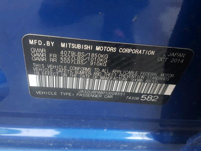 JA32U8FWXFU008551 - 2015 MITSUBISHI LANCER GT BLUE photo 10