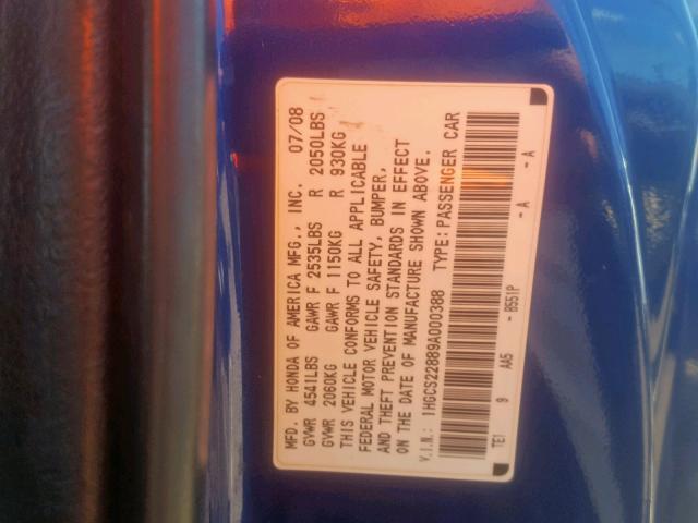 1HGCS22889A000388 - 2009 HONDA ACCORD EXL BLUE photo 10