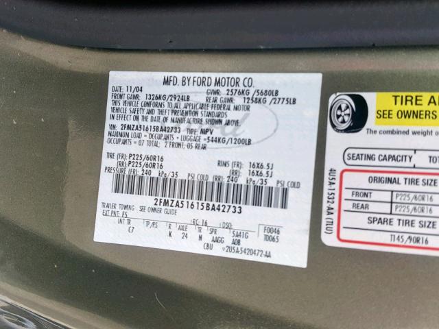 2FMZA51615BA42733 - 2005 FORD FREESTAR S GREEN photo 10