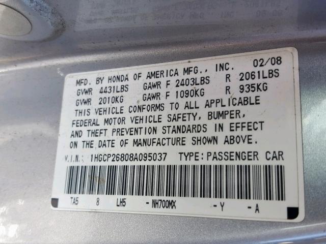 1HGCP26808A095037 - 2008 HONDA ACCORD EXL SILVER photo 10