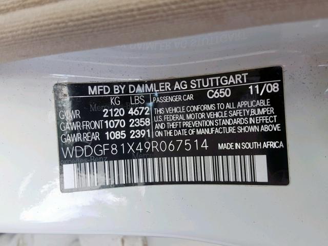 WDDGF81X49R067514 - 2009 MERCEDES-BENZ C 300 4MAT WHITE photo 10