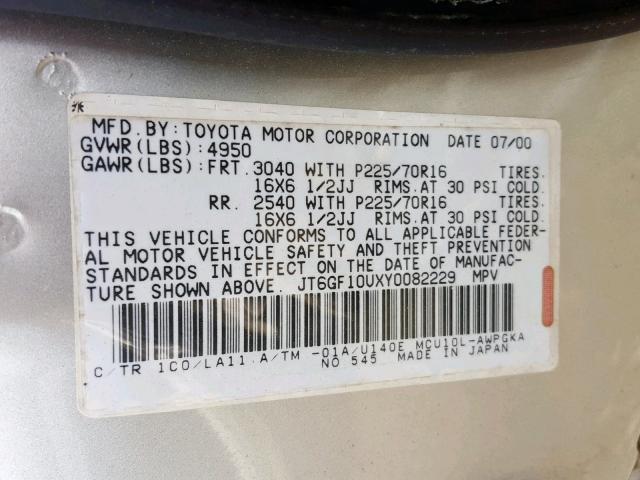 JT6GF10U3X0038703 - 1999 LEXUS RX 300 SILVER photo 10