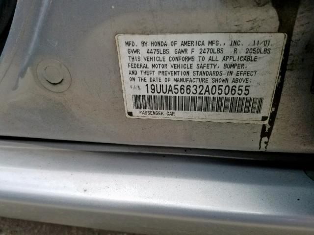 19UUA56632A050655 - 2002 ACURA 3.2TL SILVER photo 10