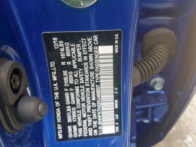 SHHFK7H42KU408507 - 2019 HONDA CIVIC SPOR BLUE photo 10