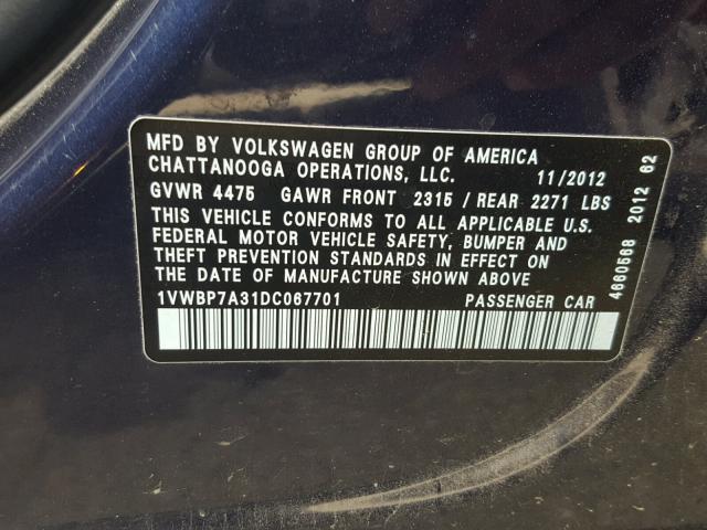 1VWBP7A31DC067701 - 2013 VOLKSWAGEN PASSAT SE BLUE photo 10