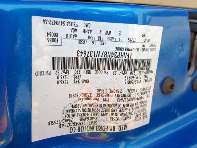 1FAHP34N87W137643 - 2007 FORD FOCUS ZX4 BLUE photo 10