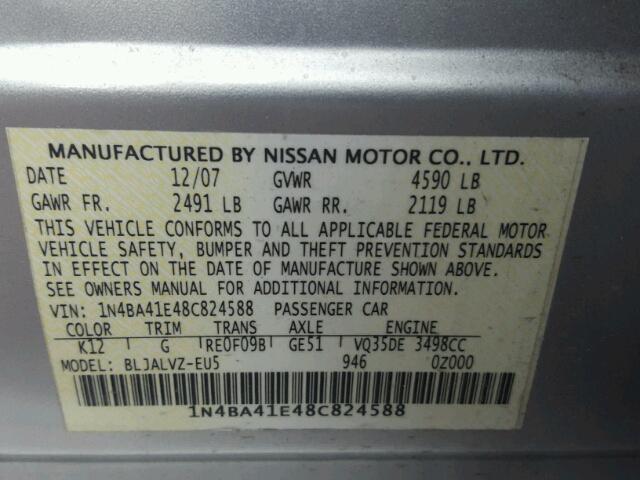 1N4BA41E48C824588 - 2008 NISSAN MAXIMA SE SILVER photo 10