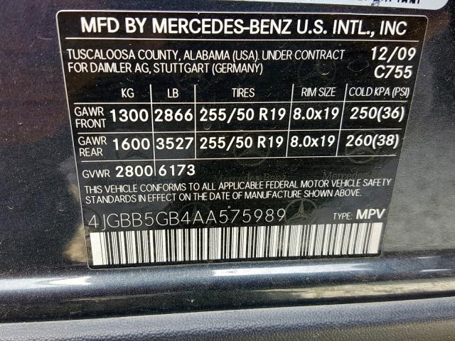 4JGBB5GB4AA575989 - 2010 MERCEDES-BENZ ML 350 BLACK photo 10