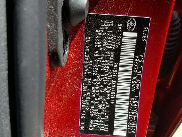 4T1BD1FKXFU156166 - 2015 TOYOTA CAMRY HYBR RED photo 10