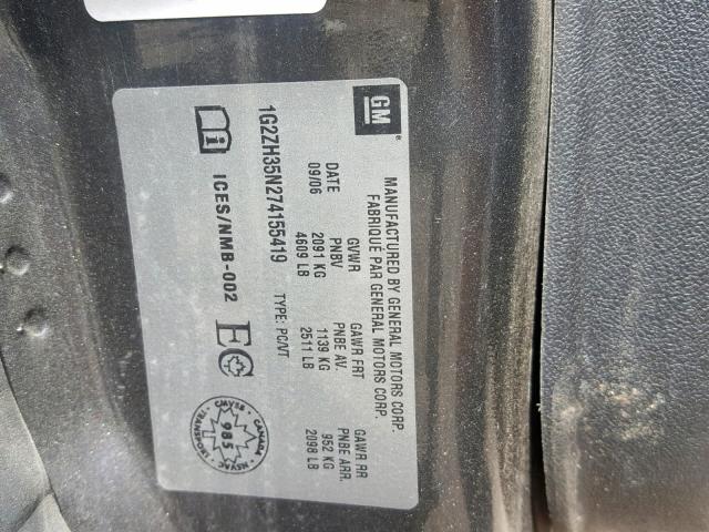 1G2ZH35N274155419 - 2007 PONTIAC G6 GT CHARCOAL photo 10