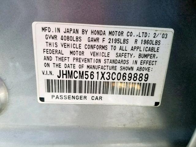 JHMCM561X3C069889 - 2003 HONDA ACCORD DX SILVER photo 10