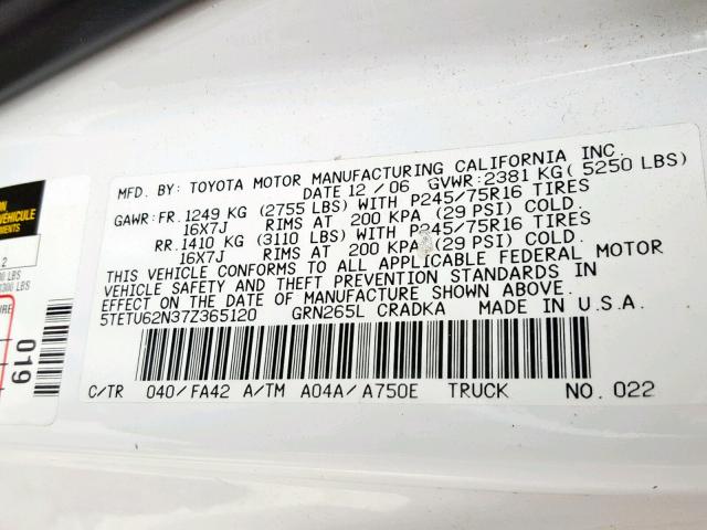 5TETU62N37Z365120 - 2007 TOYOTA TACOMA PRE WHITE photo 10