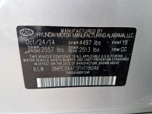 5NPE34AF5FH118046 - 2015 HYUNDAI SONATA SPO SILVER photo 10