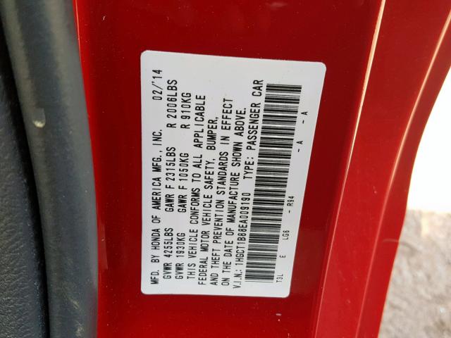 1HGCT1B88EA009190 - 2014 HONDA ACCORD EXL RED photo 10