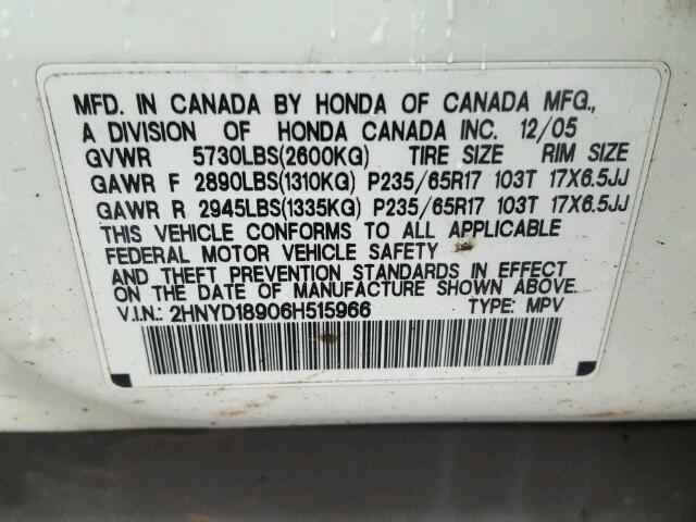 2HNYD18906H515966 - 2006 ACURA MDX TOURIN WHITE photo 10