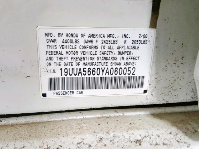 19UUA5660YA060052 - 2000 ACURA 3.2TL WHITE photo 10