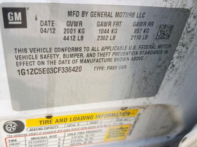 1G1ZC5E03CF336420 - 2012 CHEVROLET MALIBU 1LT WHITE photo 10