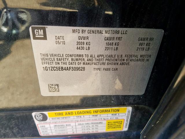 1G1ZC5EB4AF309628 - 2010 CHEVROLET MALIBU 1LT BLACK photo 10