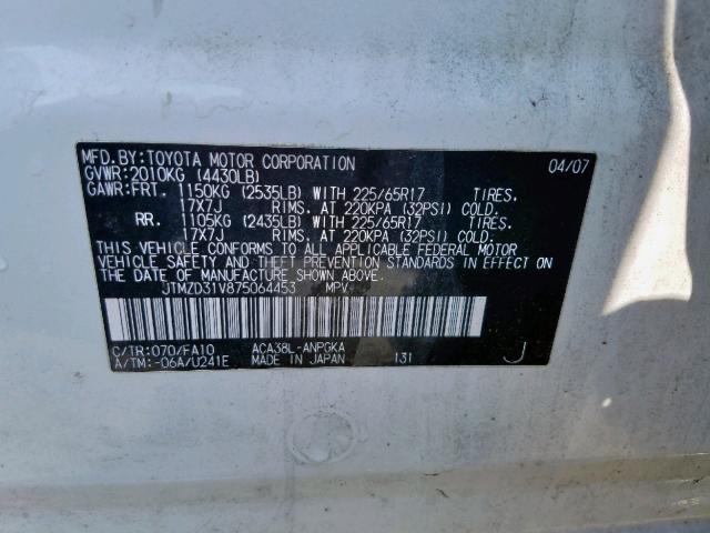 JTMZD31V875064453 - 2007 TOYOTA RAV4 LIMIT WHITE photo 10