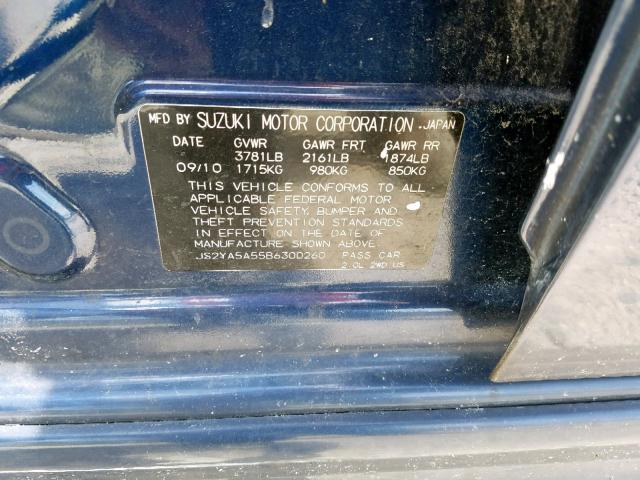 JS2YA5A55B6300260 - 2011 SUZUKI SX4 BLUE photo 10