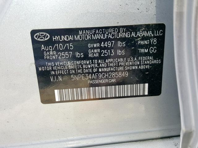 5NPE34AF9GH285849 - 2016 HYUNDAI SONATA SPO SILVER photo 10