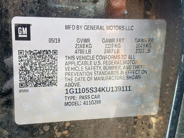 1G1105S34KU139111 - 2019 CHEVROLET IMPALA PRE BLACK photo 10