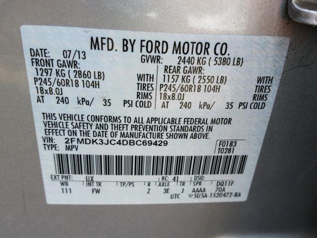 2FMDK3JC4DBC69429 - 2013 FORD EDGE SEL SILVER photo 10