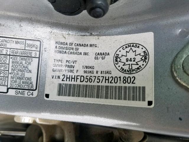 2HHFD56757H201802 - 2007 ACURA CSX PREMIU SILVER photo 10